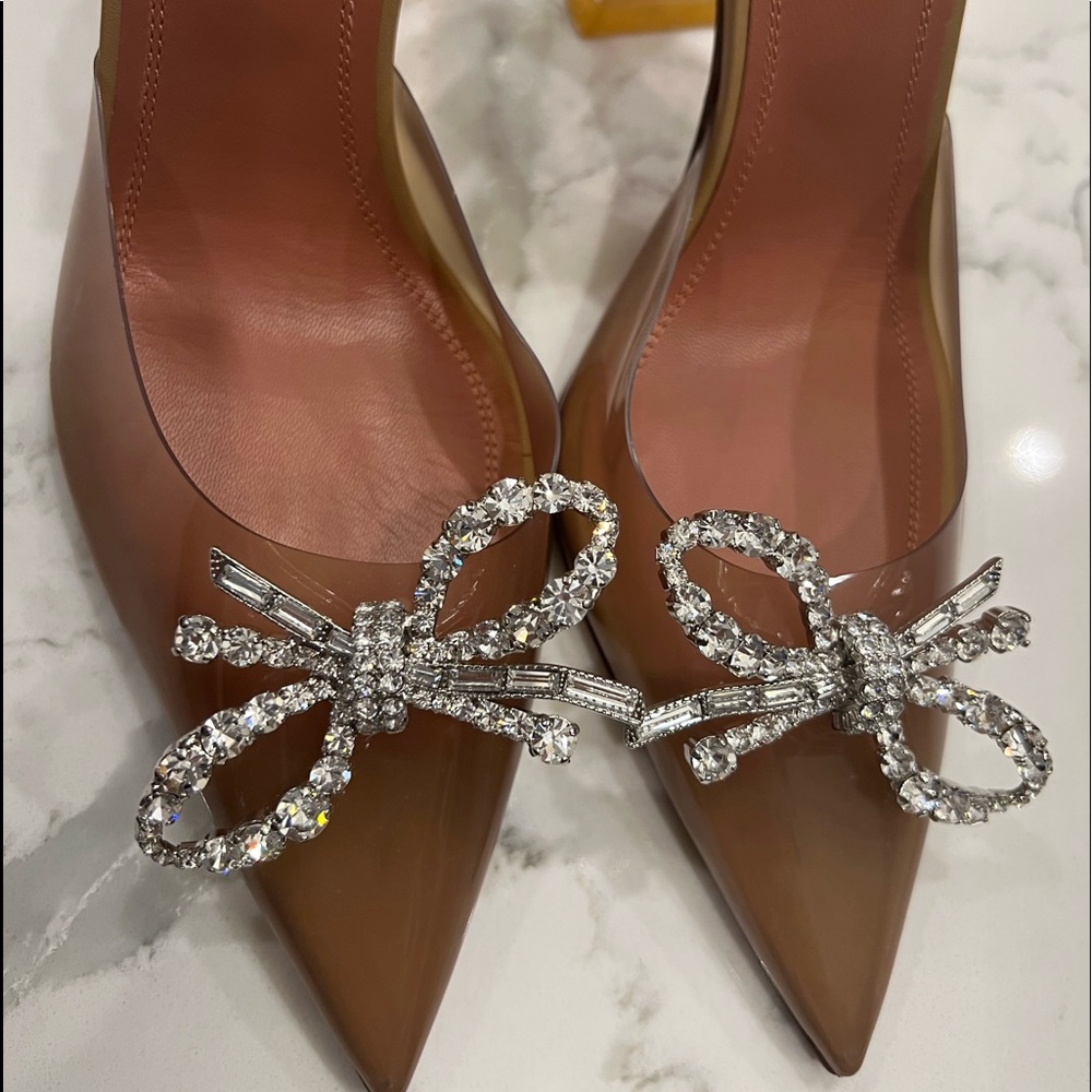 Amina Muaddi Brown Heels with Silver Embellishments